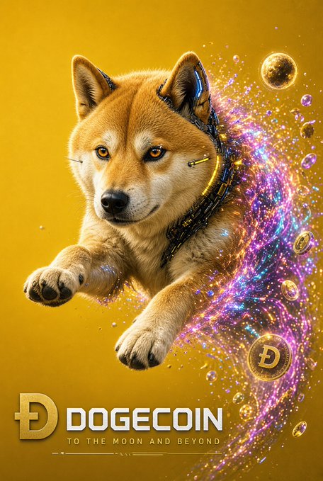 A promotional-style image featuring a Shiba Inu dog with cybernetic enhancements, surrounded by sparkles and Dogecoin coins, with text "DOGECOIN TO THE MOON AND BEYOND."