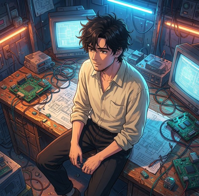 An anime-style illustration of a dark-haired young man in a beige shirt sitting on a desk cluttered with circuit boards, wires, old monitors, and technical schematics in a dimly lit workshop.