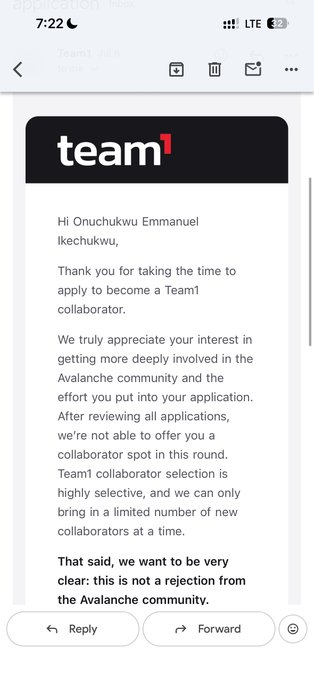 Email screenshot from Team1 addressed to Onuchukwu Emmanuel Ikechukwu, stating he was not selected for a collaborator position in the Avalanche community.