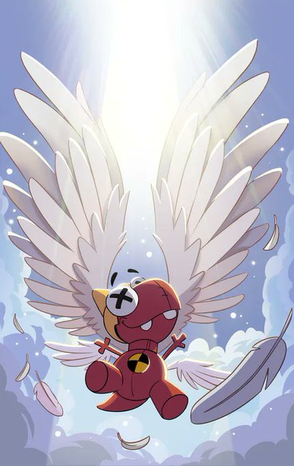 An animated illustration depicts a red bear-like character with X eyes and crossed-out symbols, wearing white angel wings and floating against a heavenly sky background.