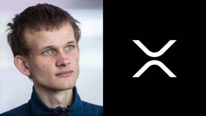 A split image shows a young man with short brown hair and light eyes on the left, and a black background with the white XRP logo on the right.