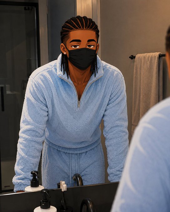 An anime-style illustration shows a young man with braided hair and a black face mask looking into a bathroom mirror while wearing a fluffy light blue zip-up sweater.