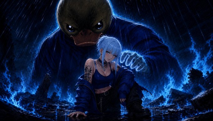 A digital artwork featuring an anime-style girl with light blue hair crouching in front of a large menacing duck-like figure, surrounded by blue flames and rain.
