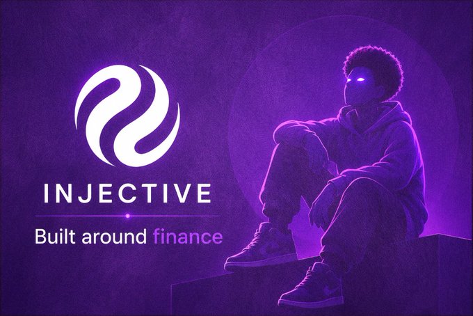 Promotional graphic for Injective with the text 'Built around finance' alongside the Injective logo, featuring a person with glowing purple eyes sitting in a purple-lit scene.