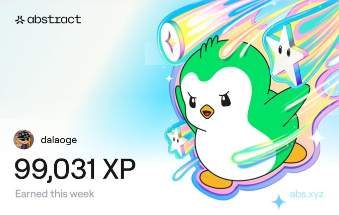 An Abstract XP earnings card showing user 'dalaoge' earned 99,031 XP this week, featuring a green penguin mascot.