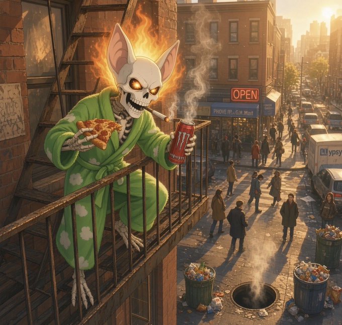 An illustration of a flaming, bat-eared skeletal figure in a green bathrobe perched on a fire escape, holding pizza and a red energy drink, overlooking a busy city street.