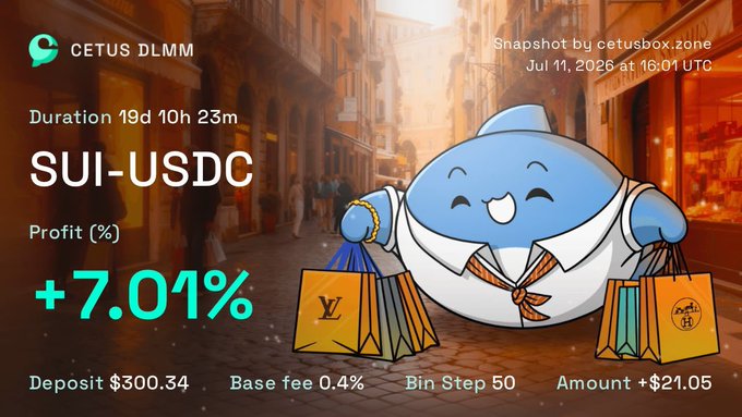 A snapshot from cetusbox.zone for 'CETUS DLMM' shows a SUI-USDC pair with a +7.01% profit, $300.34 deposit, and a cartoon whale character holding shopping bags.