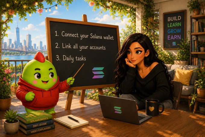 An illustrated scene of a green mascot in a red hoodie pointing to a chalkboard that lists '1. Connect your Solana wallet, 2. Link all your accounts, 3. Daily tasks,' next to a woman with a Solana-branded laptop, with books labeled 'SOLANA BASICS', 'DEFI GUIDE', and 'WEB3 EXPLAINED' on the desk.
