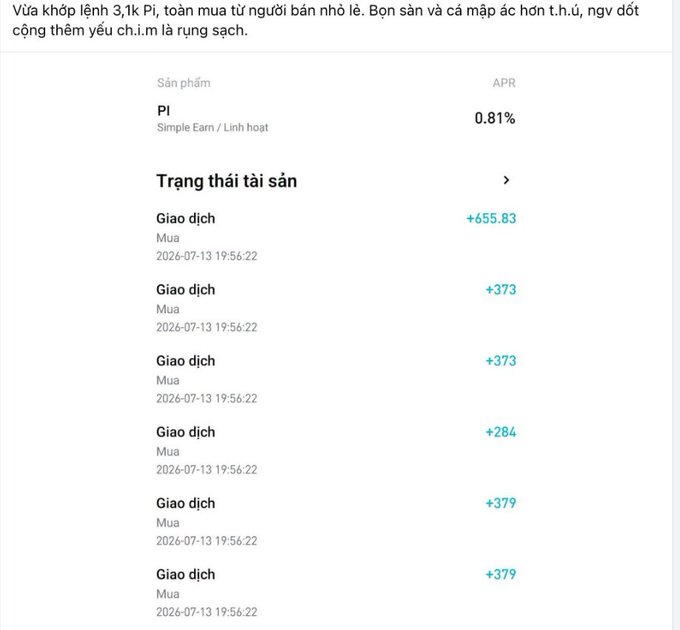 A Vietnamese financial app screenshot showing a Pi cryptocurrency transaction history, with the user noting they spent 3.1k Pi on purchases, showing various buy transactions with positive amounts and an APR of 0.81%.