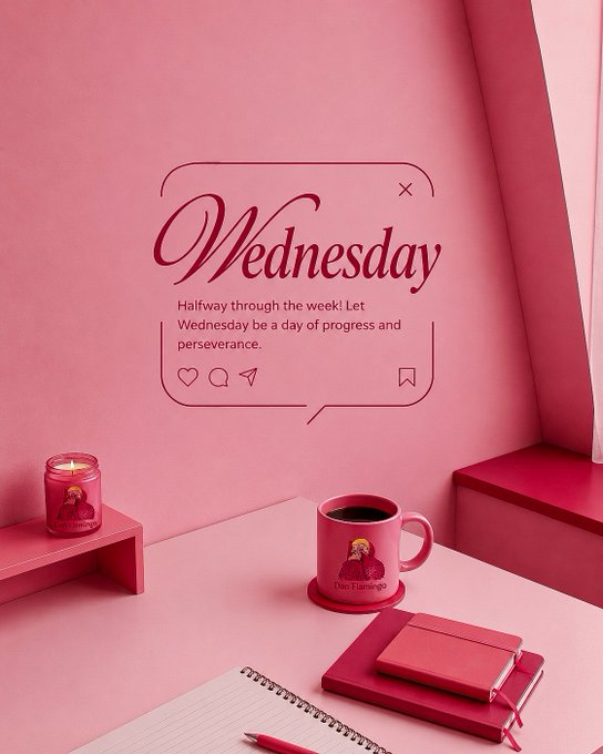 A pink-themed aesthetic image featuring a 'Wednesday' message bubble with the text 'Halfway through the week! Let Wednesday be a day of progress and perseverance' alongside a candle, coffee mug, notebook, and pen.