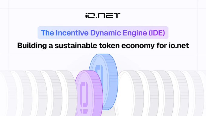 The image features a poster for an initiative called "IO-NET" that aims to build a sustainable token economy for internet networking. The poster includes two coins with different colors, one blue and one white, placed next to each other on a brown background. The text on the poster reads "The Incentive Dynamic Engine (IDE) Building a sustainable token economy for i-net".