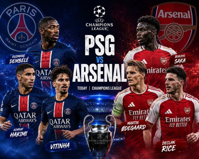 The image features four soccer players from different teams, each wearing a red jersey with their names displayed on them. The text "Free $SOL to 2 lucky persons that gets the correct score of today's champions league final between Arsenal and PSG" is written in white letters above the players' heads. The players are standing against a blue background, which contrasts with their red jerseys. The image also includes logos for the Champions League, Emirates Airlines, and Qatar Airways.