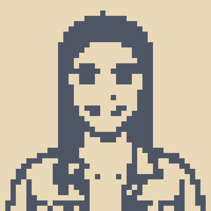 A pixel art portrait of a person with long hair and a collared shirt in blue and cream colors.