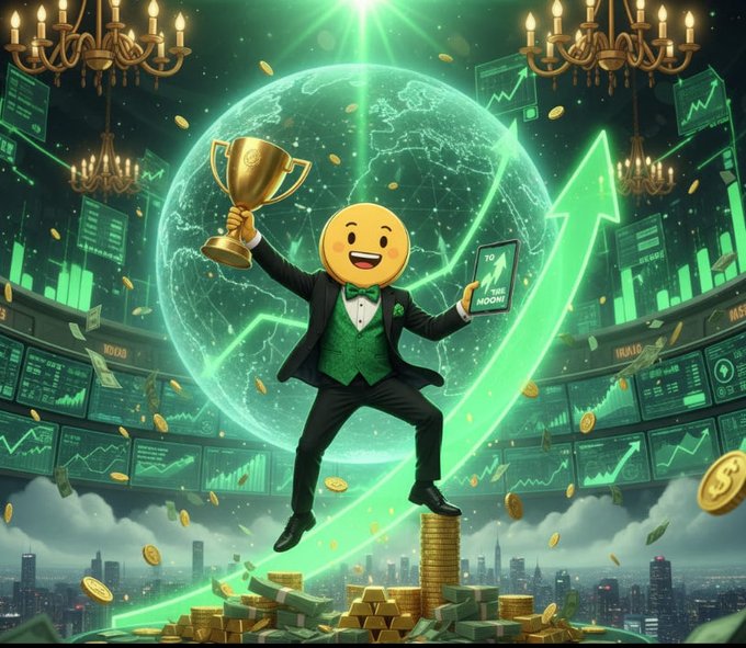 A triumphant emoji character in a tuxedo stands atop a pile of gold coins, hoisting a trophy in one hand and a smartphone displaying "10X THE MOON!" in the other, with a glowing green upward arrow and a digital Earth backdrop surrounded by bullish stock charts and chandeliers—perfectly visualizing "$Crepe is coded for Greatness" as a celebration of crypto's monumental rise.