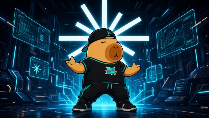 A cheerful capybara mascot wearing a black t-shirt and backward cap strikes a confident pose in a futuristic, neon-lit cyberpunk tech hub, surrounded by holographic data screens and a glowing starburst backdrop—visually inviting viewers to join the AI platform via the hub.axisrobotics.ai link.