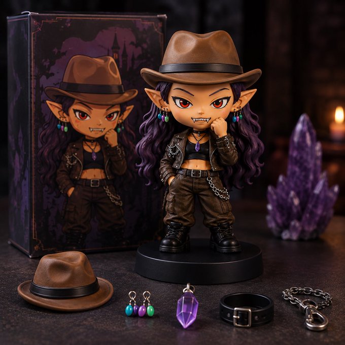 A chibi-style vampire figurine with a fedora, leather jacket, and fangs, displayed with its packaging and accessories including a hat, earrings, crystal, belt, and chain.