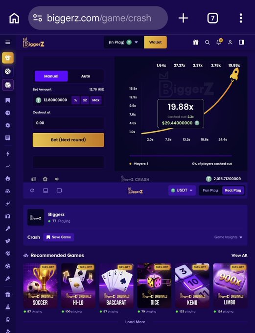 Screenshot of the Biggerz Crash gambling game at biggerz.com/game/crash, showing a multiplier curve hitting 19.88x with a cashout at 2.3x for $29.44.