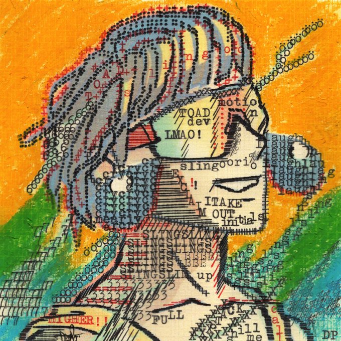 A vibrant pop-art style portrait of a woman with flowing hair constructed from coded text patterns, featuring personal words like "TROAD," "LMAO," and repeating "SLINGSLINGS" that spell out the recipient's name. The NFT-style artwork symbolizes a friendship between the sender (DP, signature in the corner) and Sling through its repeated textual motifs woven into the subject's features.
