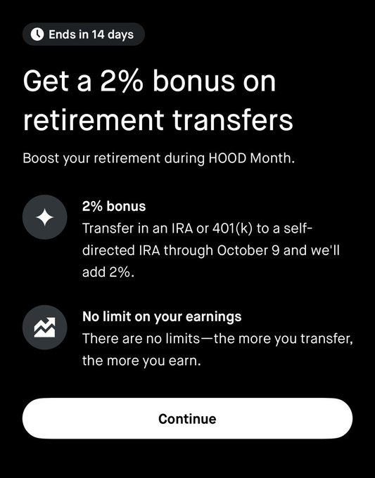 Mobile app screen promoting a '2% bonus on retirement transfers' during HOOD Month, with a 'Continue' button.