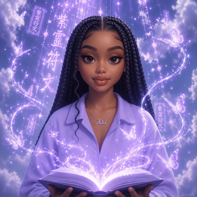 An animated illustration shows a young woman with long black braids wearing a purple shirt and an 'Ada' necklace, holding an open glowing book surrounded by butterflies and Chinese characters.