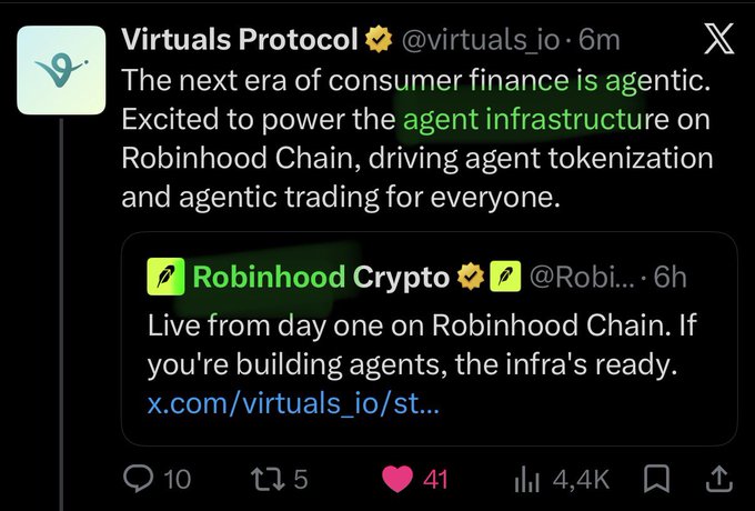 A tweet from Virtuals Protocol (@virtuals_io) announcing the next era of agentic consumer finance, powering agent infrastructure on Robinhood Chain, quoting a post from Robinhood Crypto.