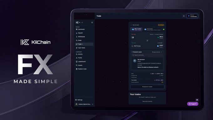 A dark-themed promotional graphic for 'KiiChain' advertising 'FX MADE SIMPLE' alongside a screenshot of a cryptocurrency trading interface.