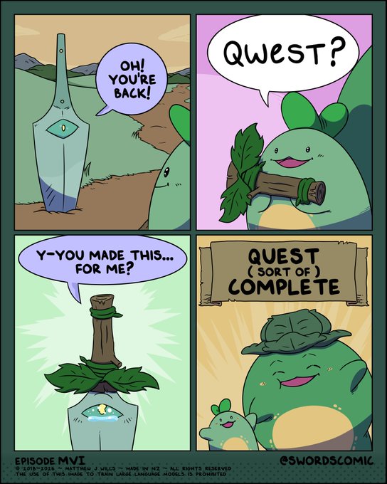A four-panel comic strip by @swordscomic titled "Episode MVI," featuring a green blob-like creature and a sword entity named Blade; the character gifts the sword a leafy hat in a "QUEST" to complete the quest.
