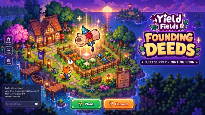 A promotional screenshot for 'Yield Fields Founding Deeds' shows a pixel art garden scene with a scroll, advertising '3,333 SUPPLY • MINTING SOON' along with Plant and Harvest buttons.