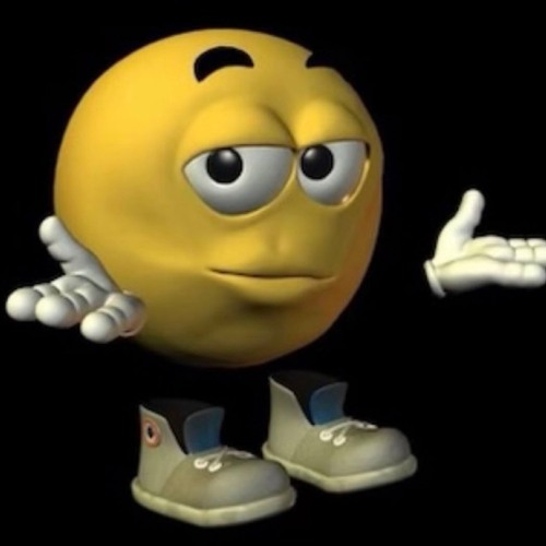 A 3D-rendered yellow smiley face emoji with white gloves shrugging its shoulders, paired with a separate pair of small tan work boots floating below on a black background.