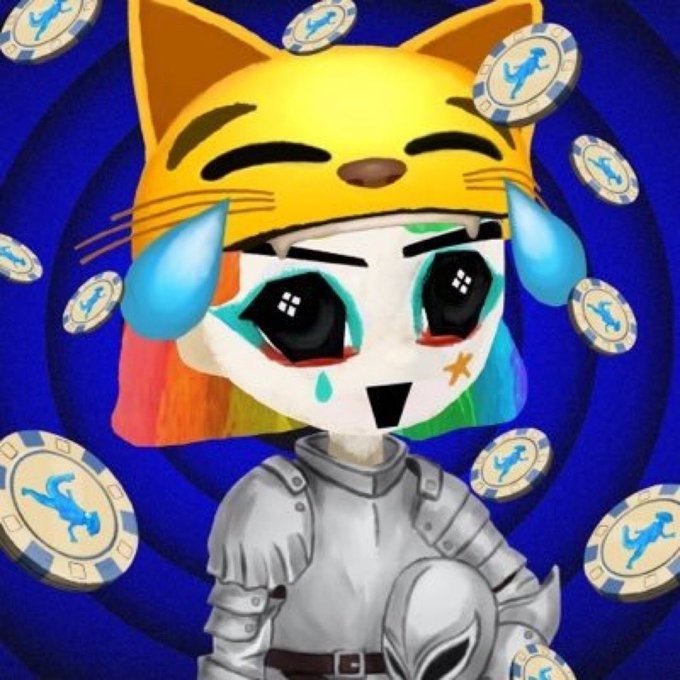 Digital artwork of a crying cartoon character with large tear-shaped eyes wearing a yellow cat-eared hat, set against a blue swirling background with floating poker chips.