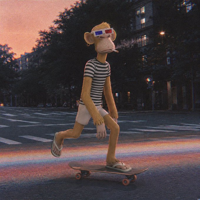 A 3D render shows an anthropomorphic monkey character with blonde hair, wearing 3D glasses and a striped shirt, riding a skateboard down a city street at sunset.