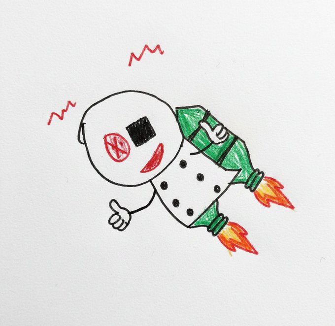 The image features a cartoon drawing of a robot with a backpack, giving the impression that it's floating in space or flying through the air. The robot has a red head and white body, and its arms are extended outwards as if waving at someone. The background is white, which contrasts nicely with the colorful depiction of the robot. The post mentions "support $TIBO now on pump.fun/coin/A2Gd7NFJe #solana #solanameme #sol" in the caption, and it seems to be related to this particular drawing or illustration.