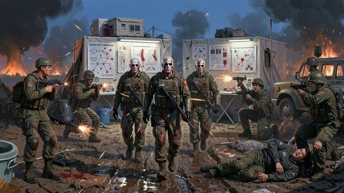 A dramatic comic-style illustration depicting soldiers in combat gear in a warzone, with a group of central zombie-like figures standing before whiteboards covered in diagrams, while other soldiers fire weapons amid fires and smoke in the background.