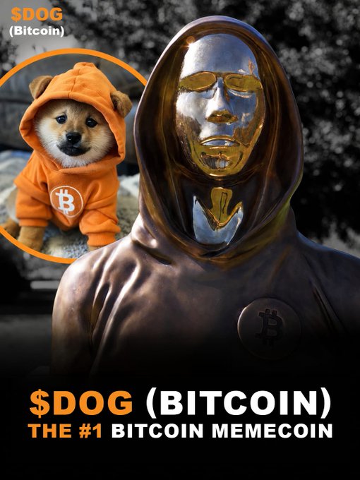 Promotional graphic for '$DOG (BITCOIN)' dubbed 'THE #1 BITCOIN MEMECOIN,' featuring a golden masked figure with a Bitcoin logo on its chest alongside an inset of a dog (resembling the Kabosu meme) wearing an orange hoodie.