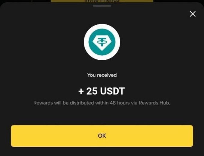 A screenshot displays a Binance "Invite Friends" rewards notification showing the user has been awarded +25 USDT, which will be distributed within 48 hours via Rewards Hub, aligning with the post claiming the receipt of a 25 USDT referral bonus from Pakistan.