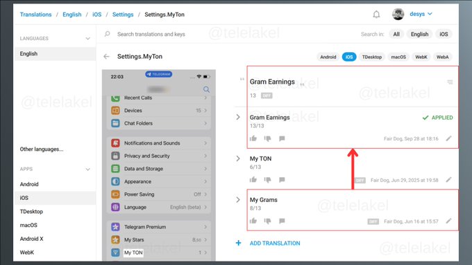 A screenshot of a Telegram translation interface showing translation keys 'Gram Earnings' and 'My Grams' highlighted with red boxes, with the watermark '@telelakei' visible.