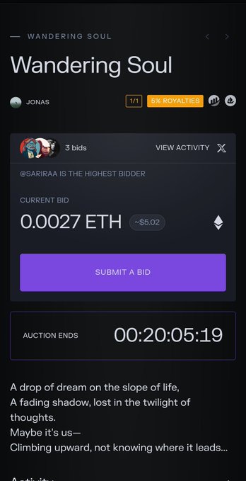 A screenshot of a digital auction page titled 'Wandering Soul' by JONAS, showing a current bid of 0.0027 ETH with 3 bids and an auction timer ending in 00:20:05:19.