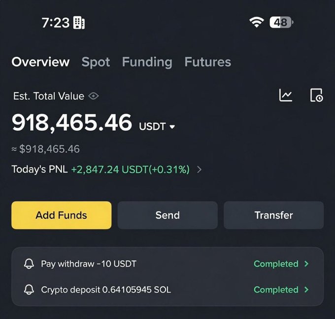 A Binance app screenshot showing an estimated total value of 918,465.46 USDT with today's PNL of +2,847.24 USDT (+0.31%).