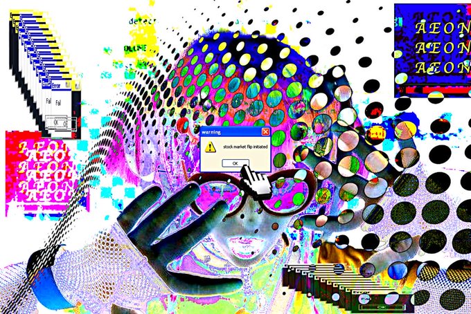 A glitchy, surreal collage shows a figure holding a halftone "AEON"-striped ball, with a "stock-market-flip-related" warning dialog box popping up—visually echoing the post's warning to watch for the rare, organic, bottom-up phenomenon of belief-driven assets like the SPX6900 ticker.