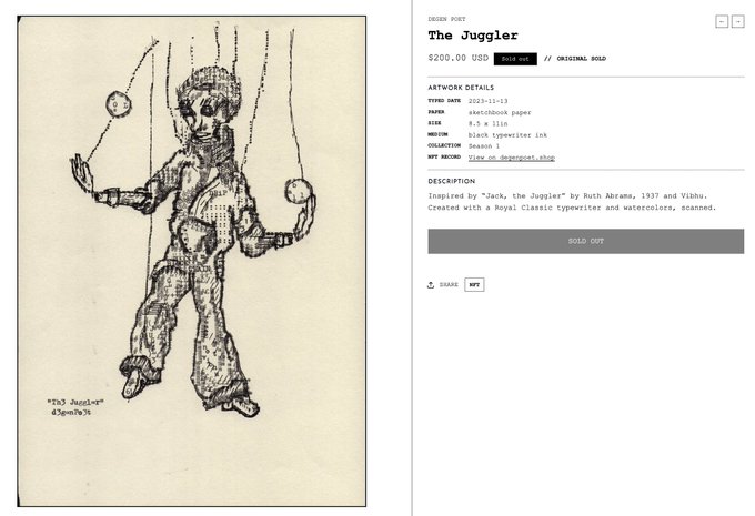 An NFT listing for an artwork titled 'The Juggler' priced at $200 USD, featuring a sketchbook ink drawing of a marionette-like figure holding balls.
