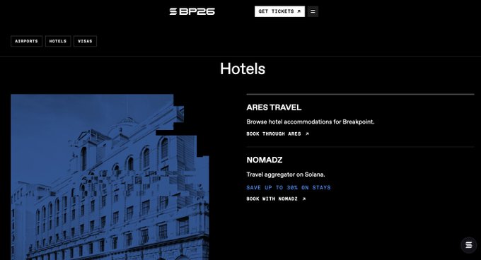 A Breakpoint 2026 travel page titled "Hotels" featuring an image of a classic building, listing Ares Travel and Nomadz as accommodation options, with promotional text highlighting "Save up to 30% on stays" for Nomadz, a Solana-based travel aggregator.