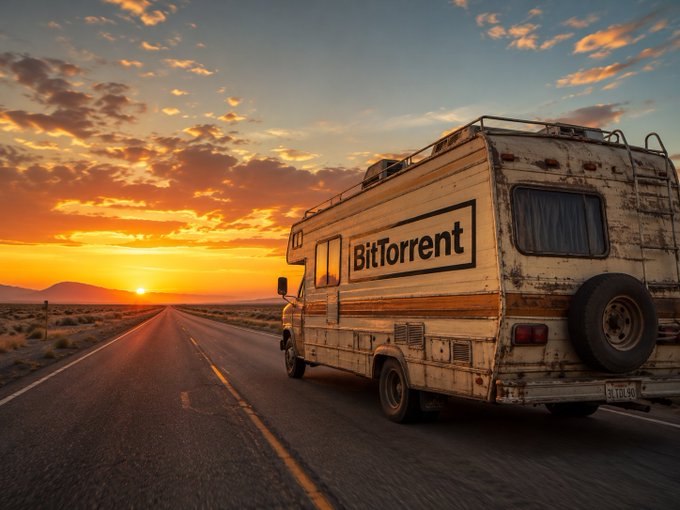 An old, weathered recreational vehicle with 'BitTorrent' written on the side, parked on a desert road during a vibrant sunset.