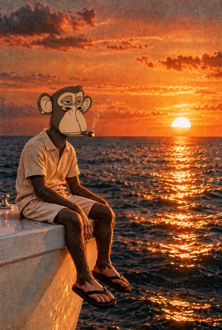 An AI-generated image of a cartoon monkey in a beige outfit smoking a cigar, sitting on a ledge overlooking the ocean at sunset.