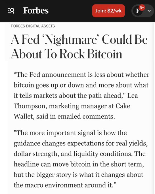 A Forbes Digital Assets article headline reading 'A Fed 'Nightmare' Could Be About To Rock Bitcoin' with quotes from Lea Thompson, marketing manager at Cake Wallet.
