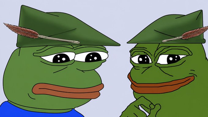 Two Pepe the Frog cartoon characters face each other, one younger with a blue shirt and one older, both wearing distinctive green Robin Hood-style pointed hats adorned with feathers — a visual nod to the "Robinhood Pepe" meme referenced in the post about retail traders buying Pepe tokens.
