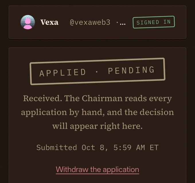 A digital interface showing an account 'Vexa' (@vexaweb3) with a status of 'APPLIED · PENDING,' noting a submission on Oct 8 and an option to withdraw the application.