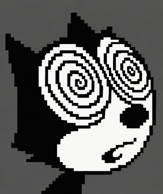 A pixel art image depicting a black cat with hypnotic spiral eyes.