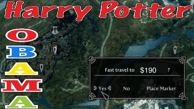 A YouTube thumbnail for an 'OBAMA' Harry Potter-themed video showing a Skyrim fast travel menu asking 'Fast travel to $190?' with Yes/No/Place Marker options.