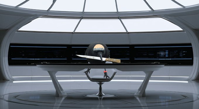 A futuristic, sci-fi interior of a spaceship or advanced control room with a sleek white console, panoramic windows, and a small robotic figure standing in front of the desk.