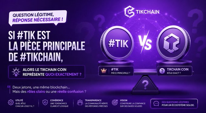 A purple promotional graphic from Tikchain asks "SI #TIK EST LA PIÈCE PRINCIPALE DE #TIKCHAIN, ALORS LE TIKCHAIN COIN REPRÉSENTE QUOI EXACTEMENT?" ("If #TIK is the main token of #Tikchain, then what exactly does the Tikchain Coin represent?"), showing two coins labeled "#TIK PIÈCE PRINCIPALE?" versus "TIKCHAIN COIN RÔLE EXACT?" on a balance scale to question the distinction between the two tokens.